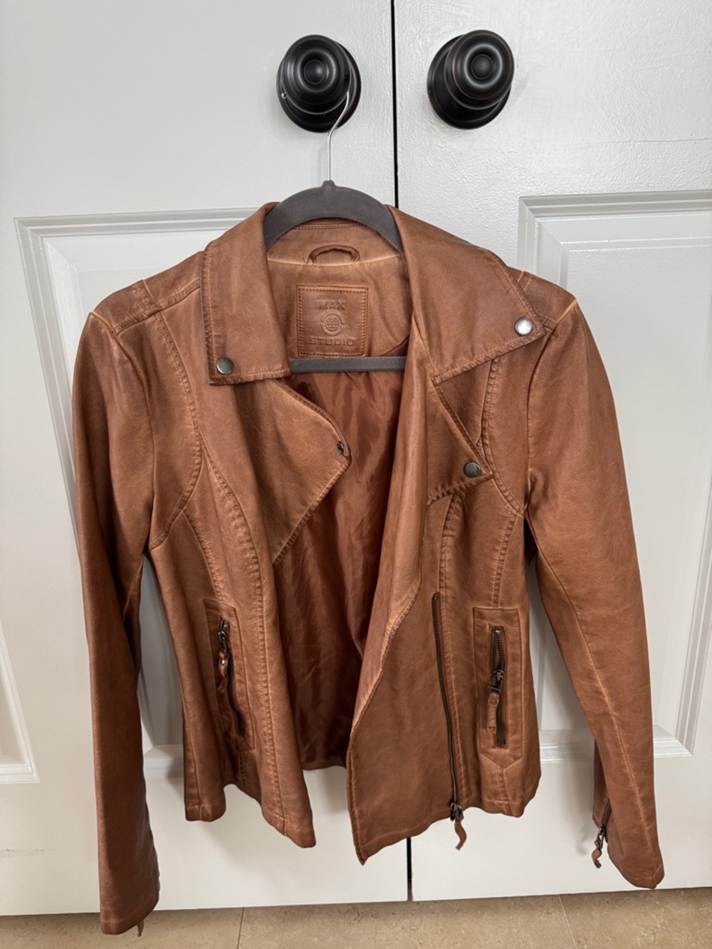 Max Studio Chestnut Leather Asymmetric Moto Jacket